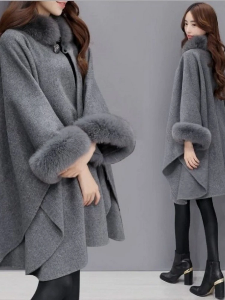 Women Wool Mid Length Coats Jackets Blends Fur Collar Cloak Coat Y2k Streetwear Jacket Work Outerwear Autumn Winter 2025