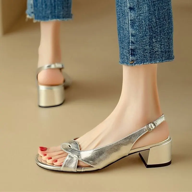 Fish mouth sandals women's thick heel 2026 summer new style French silver middle heel with exposed toes