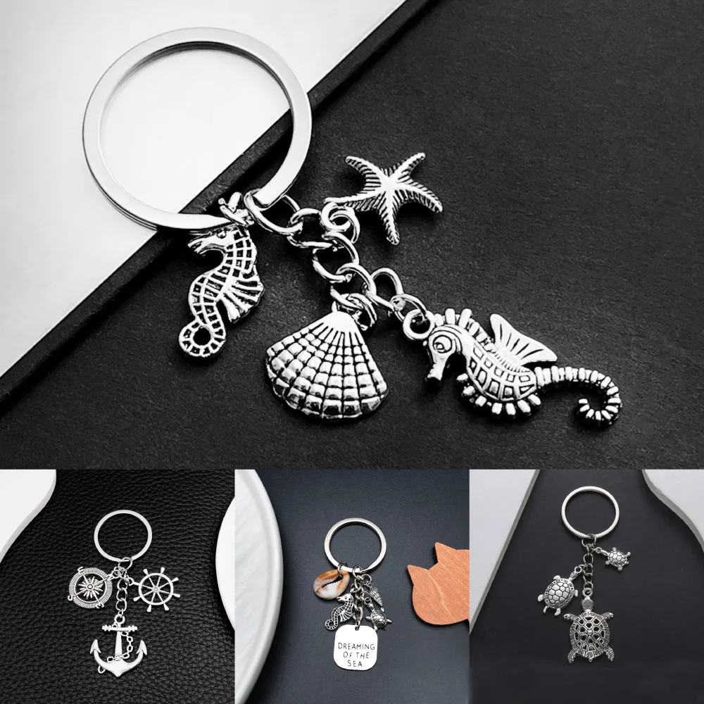 

Marine Style Motorcycle Keychain For Men Turtle Seahorse Anchor Compass Charm Pendant Key Ring Hang Bag Locomotive Cool Jewelry