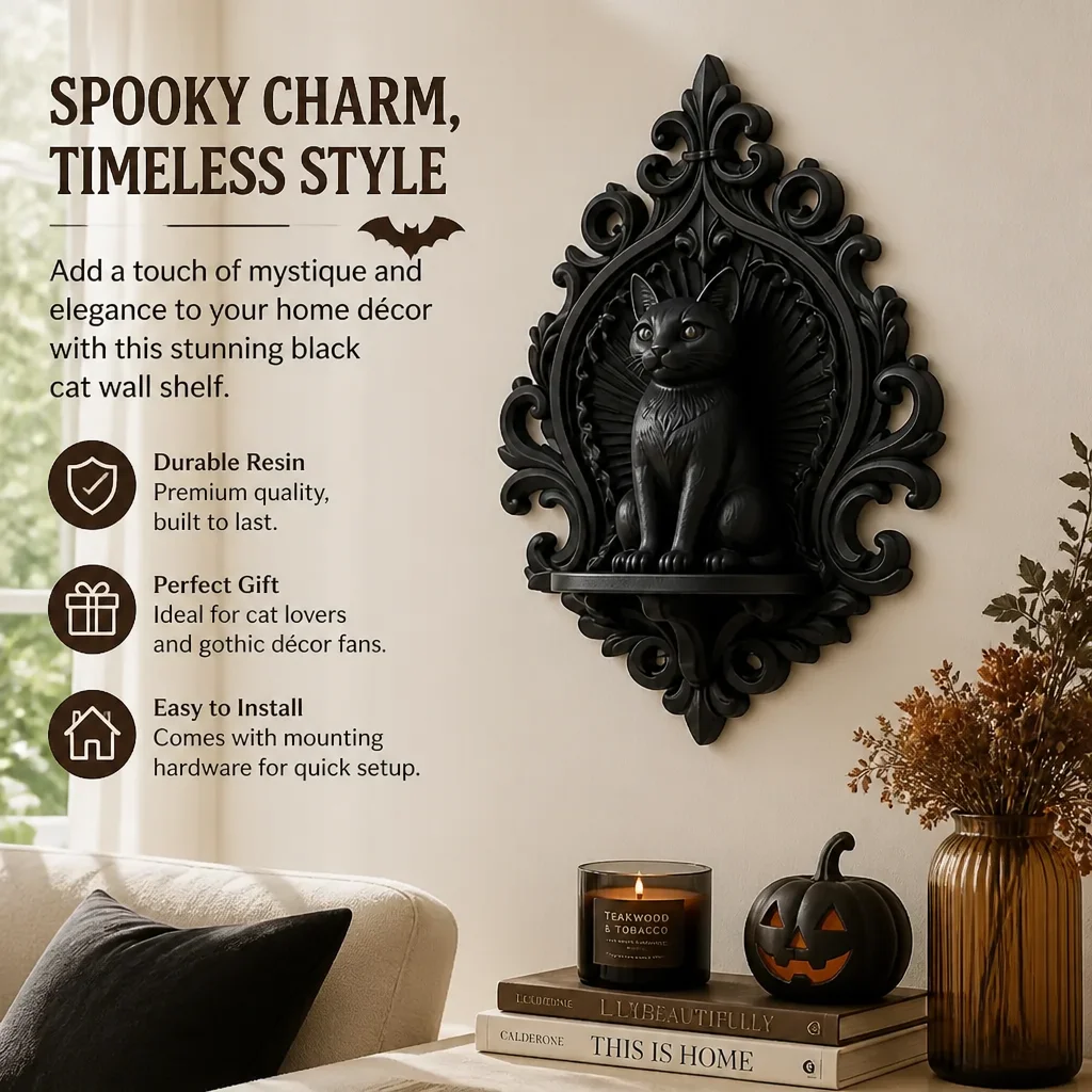 Ornate Gothic Black Cat Wall Shelf, Resin Mystical Floating Display Shelf for Witchy Dark Academia Halloween Home Decor