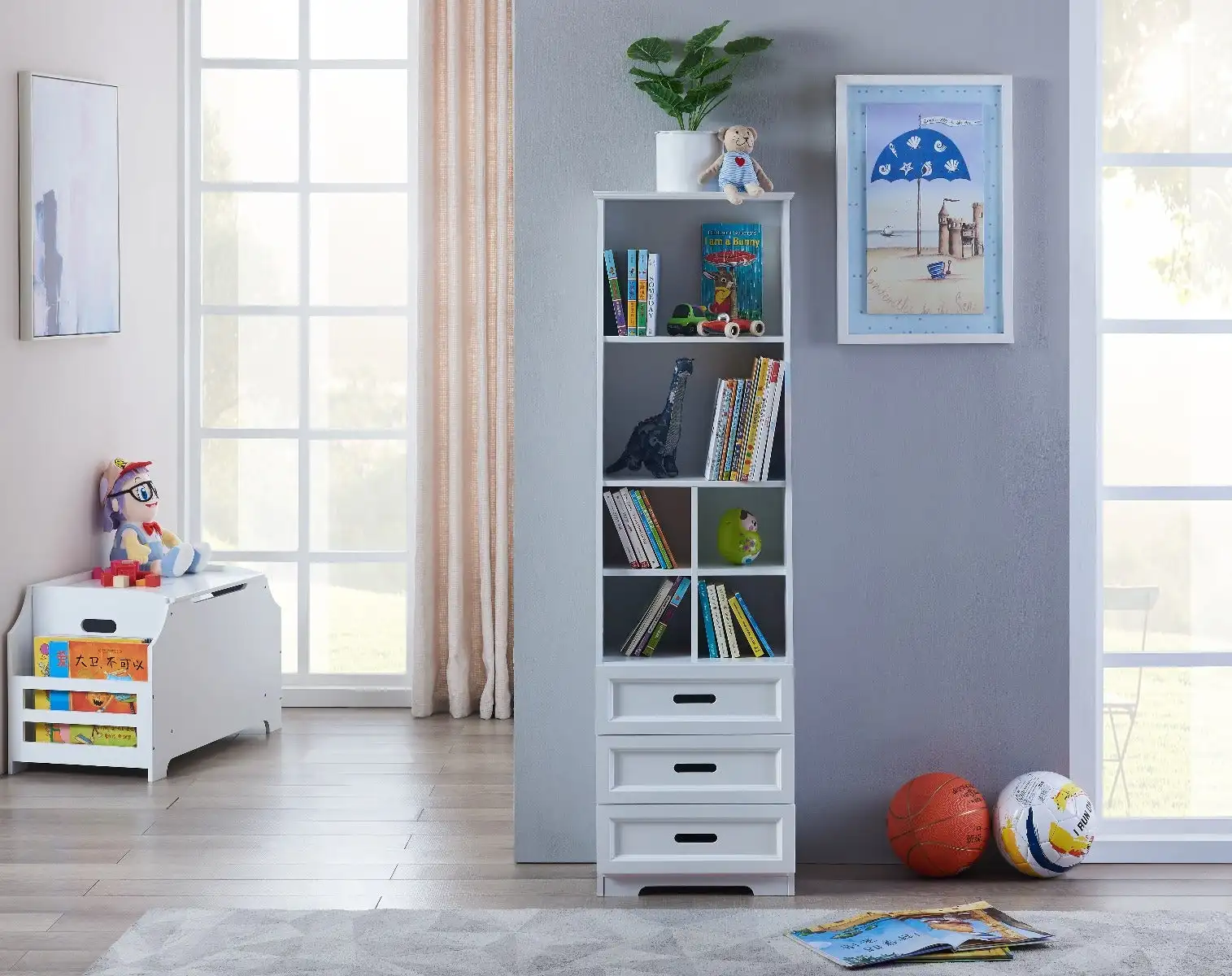 Kids Funnel White Bookcase Book Shelf Storage Unit with Book Display/Organizer Drawers - Classic White Color