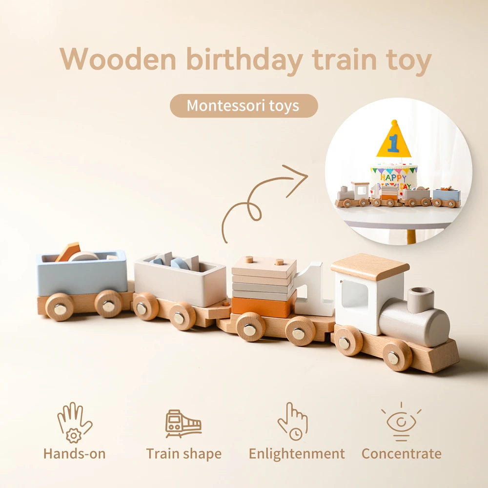 Montessori Train Toy Wooden Stacking Trolley Baby Early Learning Educational Toy Photography Prop Birthday Gift Set for Newborns