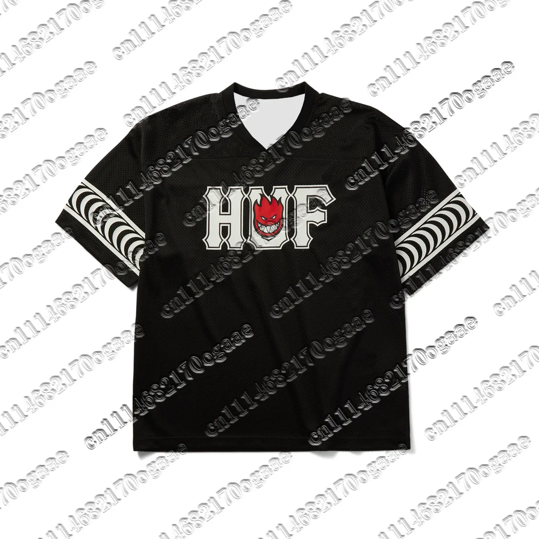 camiseta-masculina-huf-spitfire-para-skate-malha-preta-gola-em-v-estampa-tribal-manga-curta-y2k-oversized-solta-streetwear