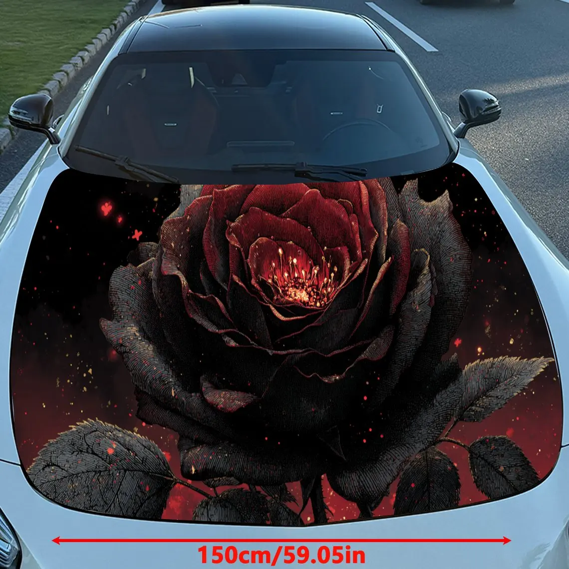 Dark Rose Alluring Dominance PVC Car Engine Hood Vinyl Wraps, Self-Adhesive Waterproof Car Hood Decal Sticker, Car Decoration Pr