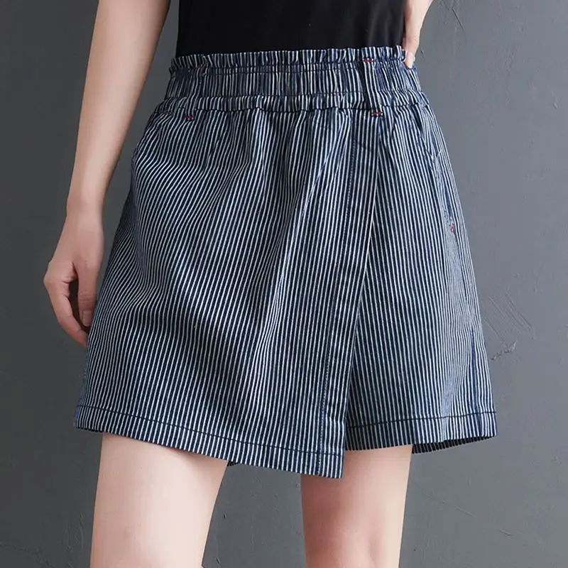 

Модные полосатые искусственные шорты из двух предметов, женская одежда, новинка лета 2023, свободные корейские эластичные повседневные шорты с высокой талией