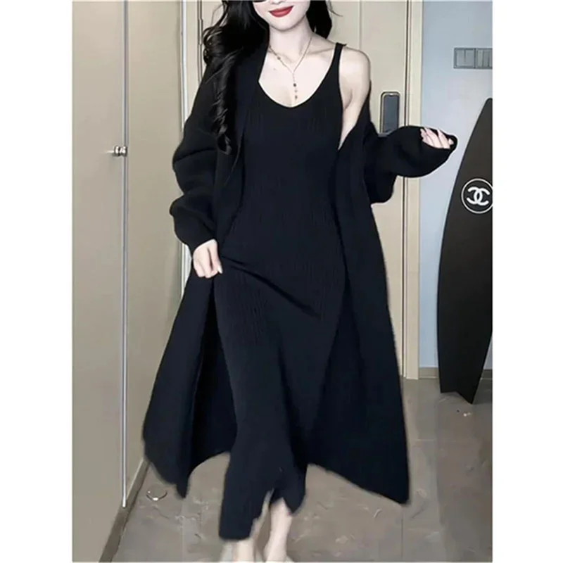 2024 Spring Autumn New Fashion Loose Long Sweater Knitted Cardigan Elegant Dress And Sweater Set for Women Two-Piece Set Green