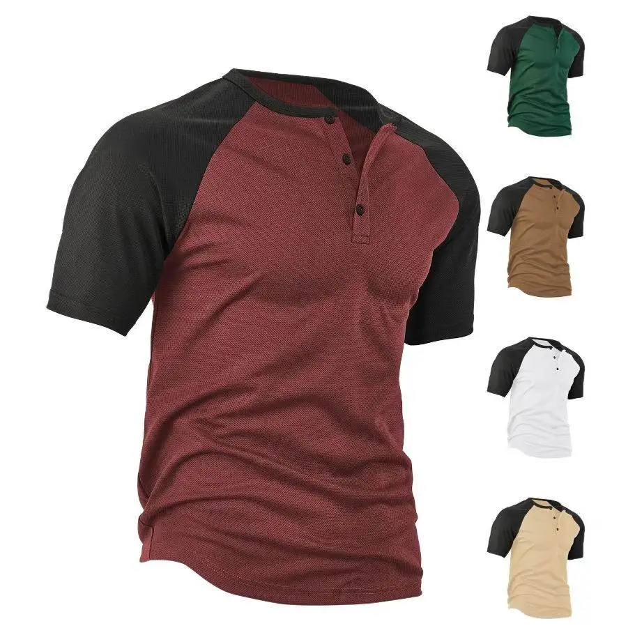 

Men's Spring Summer Loose Fit Short Sleeve Shirt Moisture Wicking Color Block Henry Shirt Sporty Casual Style