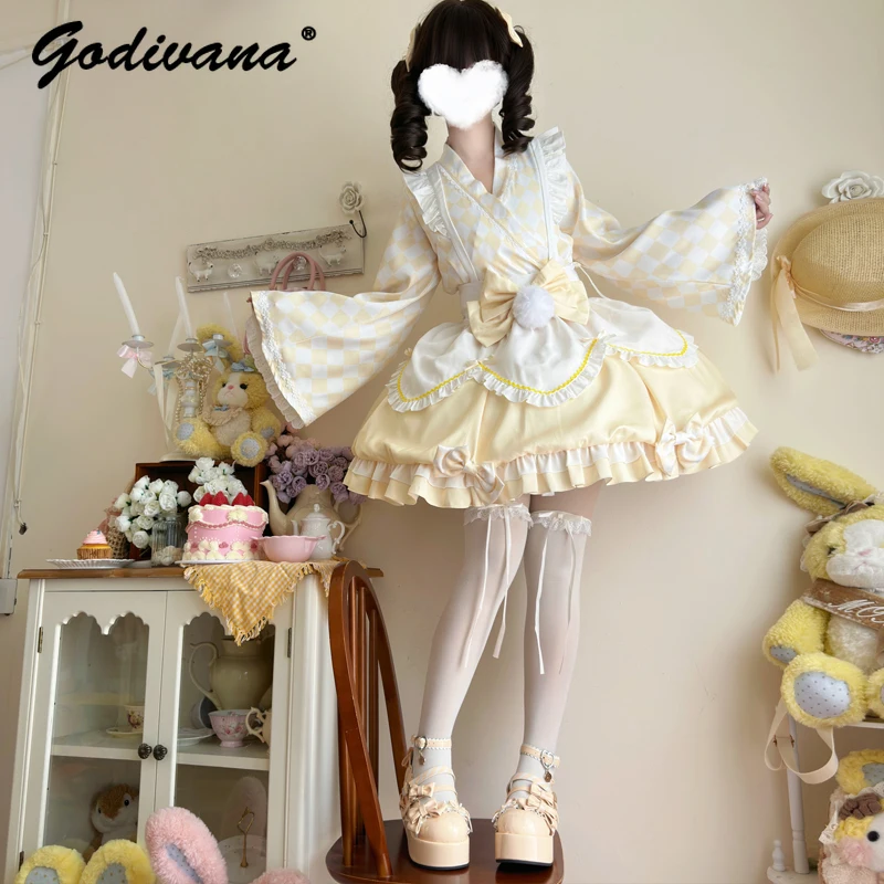 

Original Lolita Dress Sweet Cute Japanese Style Female Girls Summer Maid V-neck Diamond Top Waist Bow and Skirt Outfits
