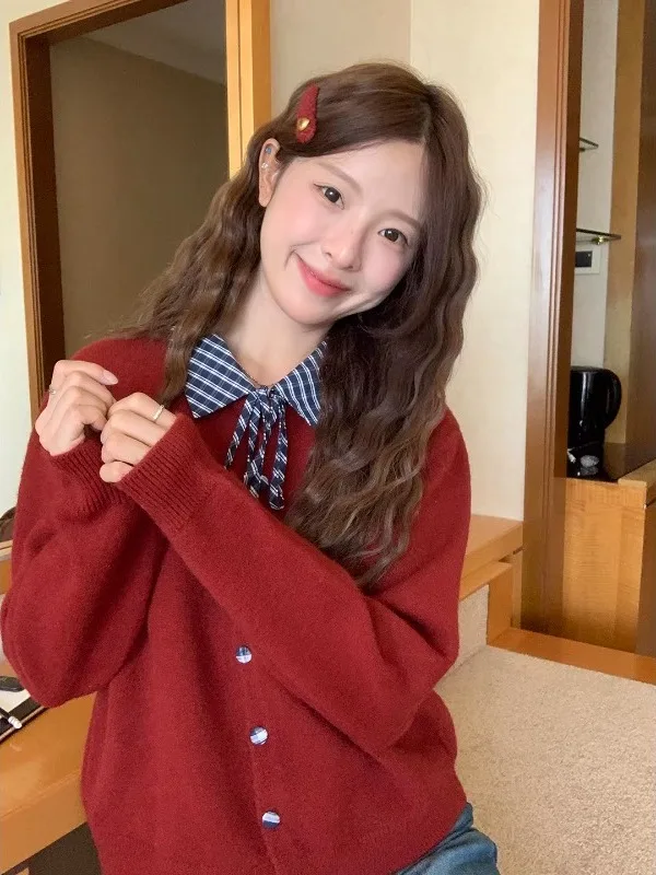 

Autumn 2026 Casual Loose Knitted Sweater Plaid Patchwork Fake Two-Piece Turn-down Collar Korean Sle Open Cardigan