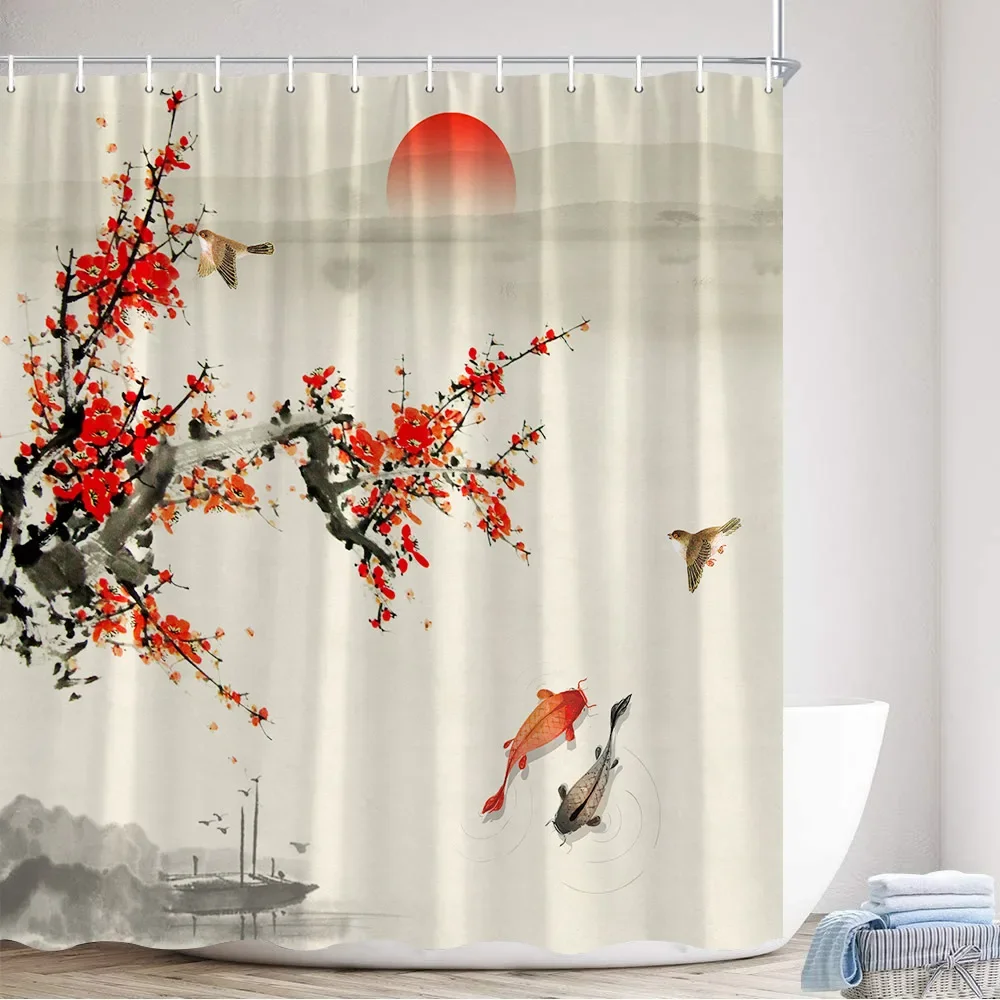 Flower Carp Shower Curtains Bird Red Floral Koi Fish Ink Plants Mountain Water Landscape Fabric Bathroom Decor Bath Curtain Sets