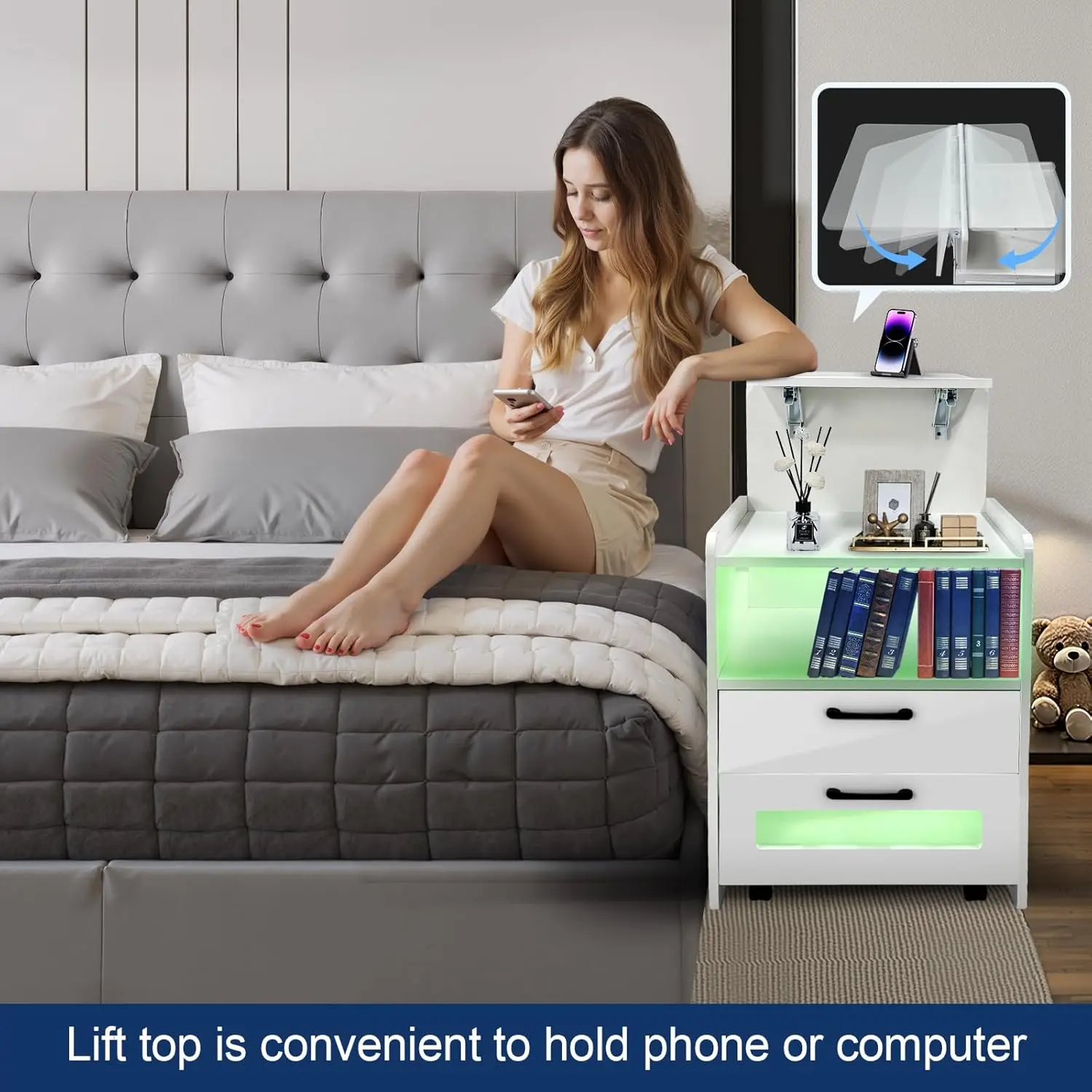 حامل ليلي قابل للتعديل مع طاولة لاب توب قابلة للطي ، حامل بجانب السرير مع عجلات مخفية ، مصابيح ليد ، منفذ شريط طاقة ، منفذ