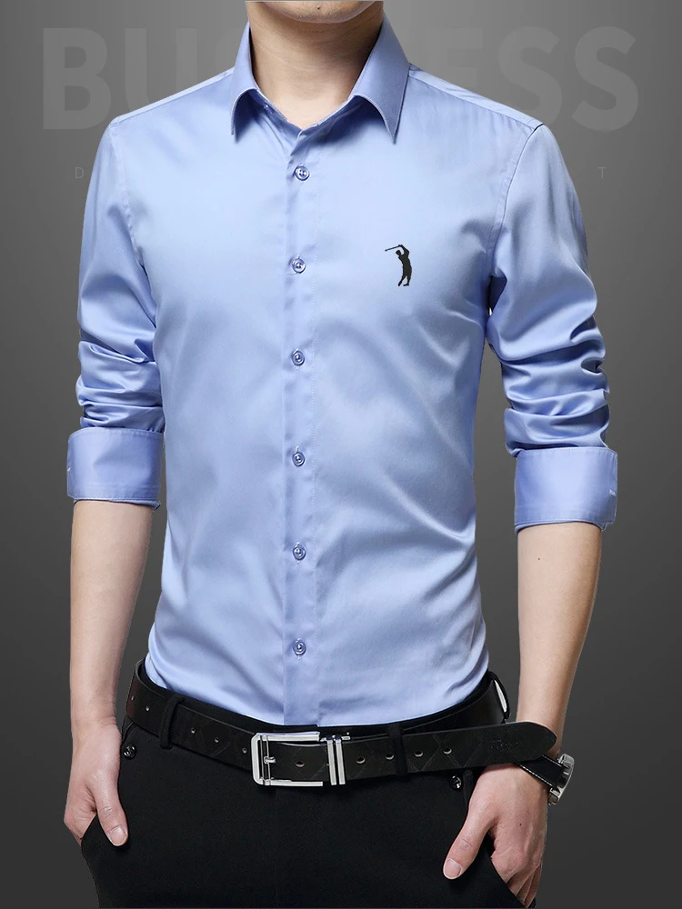 Camisa de manga comprimida para hombre, blusa elástica, antirugas, ajustada, social, de alta calidad