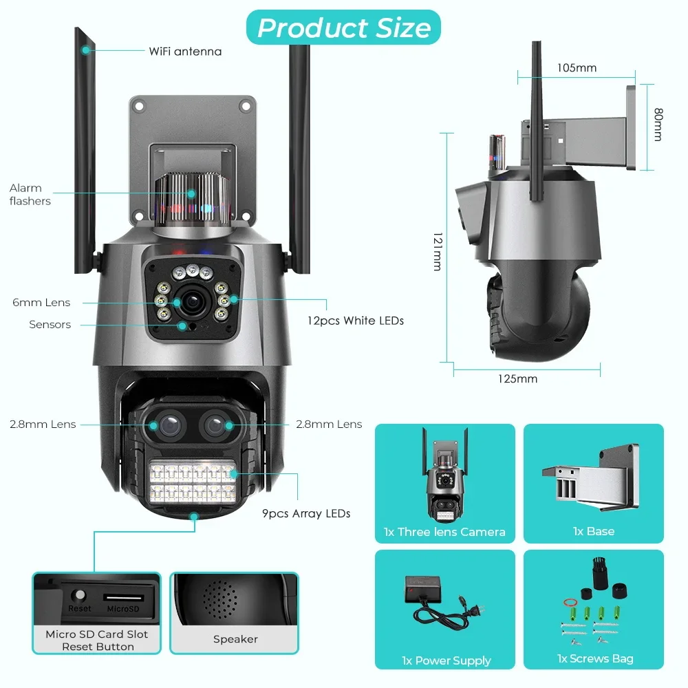 Câmera de CCTV de lente tripla ao ar livre, monitoramento de segurança doméstica, alerta automático, tela dupla, WiFi, PTZ, 8x Zoom, PTZ, 4K, 8MP