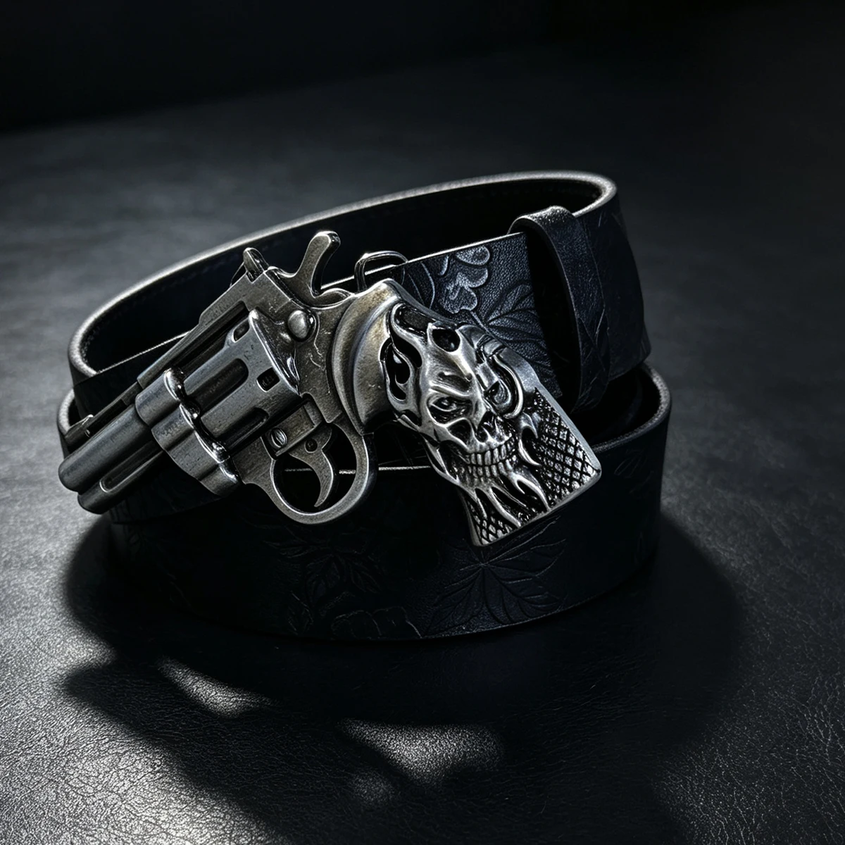 The ghost head element pistol craftsmanship Lion Spider Snake buckle Black Flower PU embossed button Gothic Women and men's belt view 3