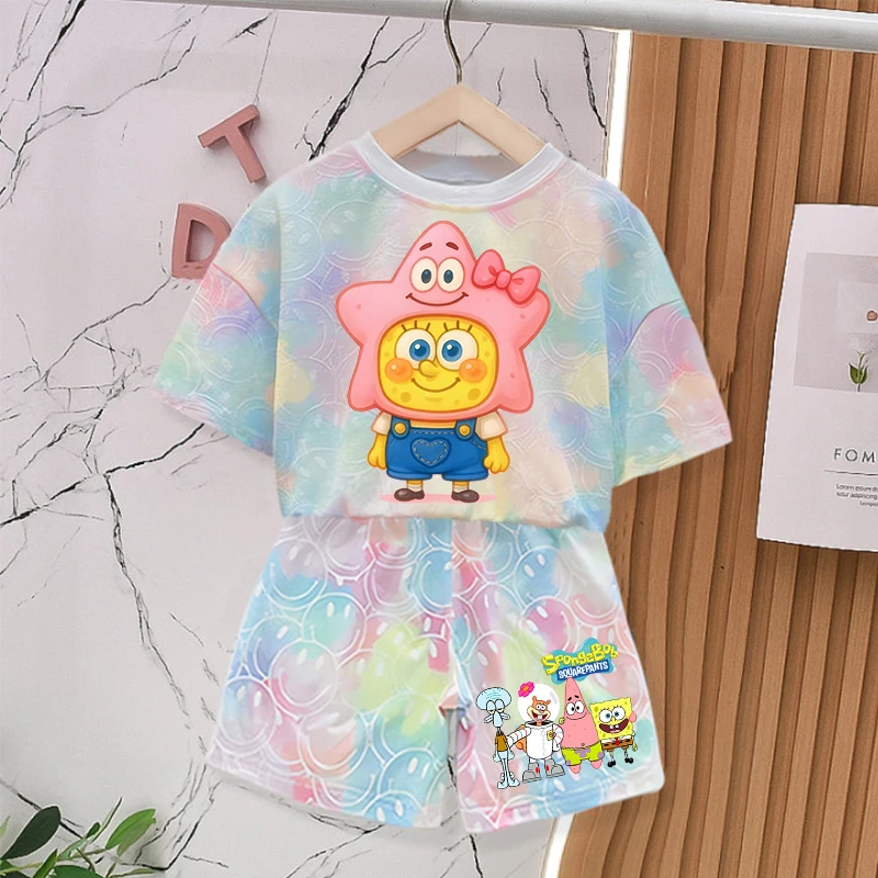 SpongeBob SquarePants Tie-dye Smlie Tees Children's Cute Short Sleeves Baby T Shirt Shorts 2pcs Boy Girl Summer Clothing Sets view 3