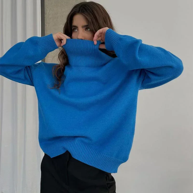 Turtleneck Knitted Sweater Autumn Winter Women\'s Oversize Long Sleeve Loose Pullover Tops Streetwear Soft Warm Elastic Sweaters