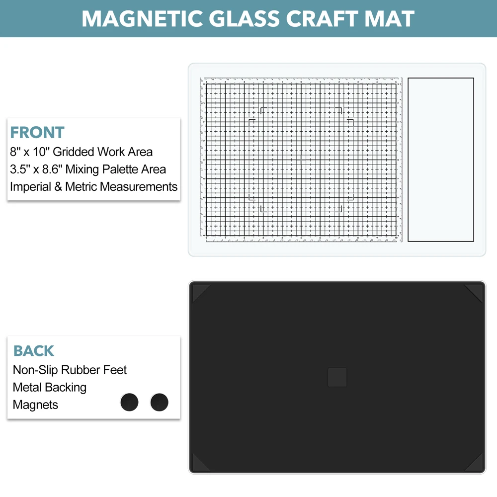 Magnetic Glass Cutting Mat - Large Work Surface with Measuring Grid and Palette for Paint, Ink, and Mixed Media - Art and Craft