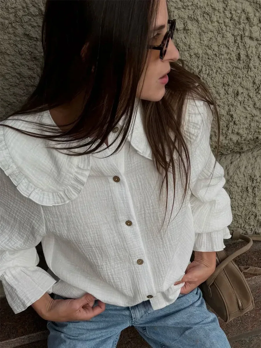 

2023 летняя новая женская рубашка с воротником Babydoll из 100% хлопка, белая свободная блузка с длинными рукавами и рюшами
