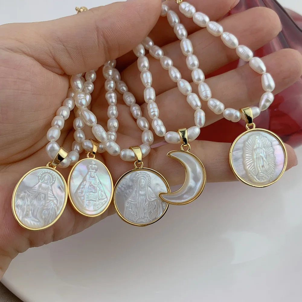 

Natural Mother of Pearl Santa Maria Guadalupe Pendant Freshwater Irregular Pearl Necklace Female Jewelry for Women Gold Chain