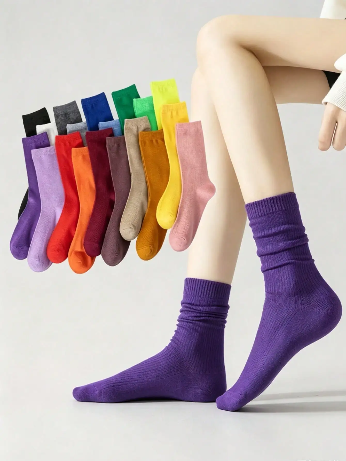 5/8 pairs of Random solid-color casual sports all-match fashionable mid-calf socks,suitable for all seasons,unisex,breathable