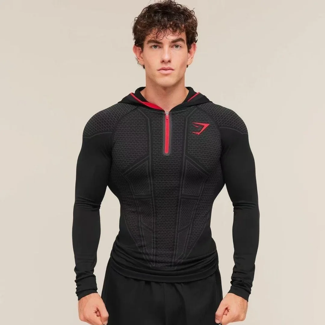 2026 GYMSHARK ONYX V1 Hoodie, GYMSHARK Fitness Clothing, Fitness Exercise Muscle Strength Tight Hoodie Shapewear Top