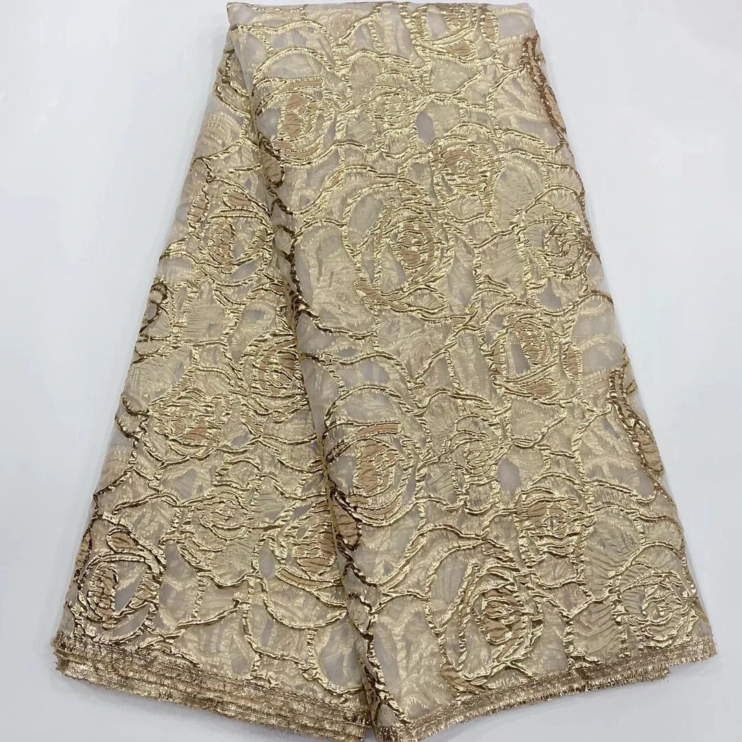 2023 Latest Beautiful brocade jacquard lace fabric Gold New designs  African Nigerian French Lace for wedding Dress LJK20108