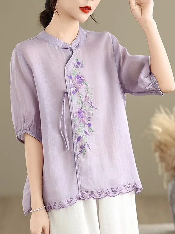 

Artistic Heavy Embroidery ort Sve Stand Collar Thin Cotton irt for plus Size Women Casual Summer Top Oversized Fit