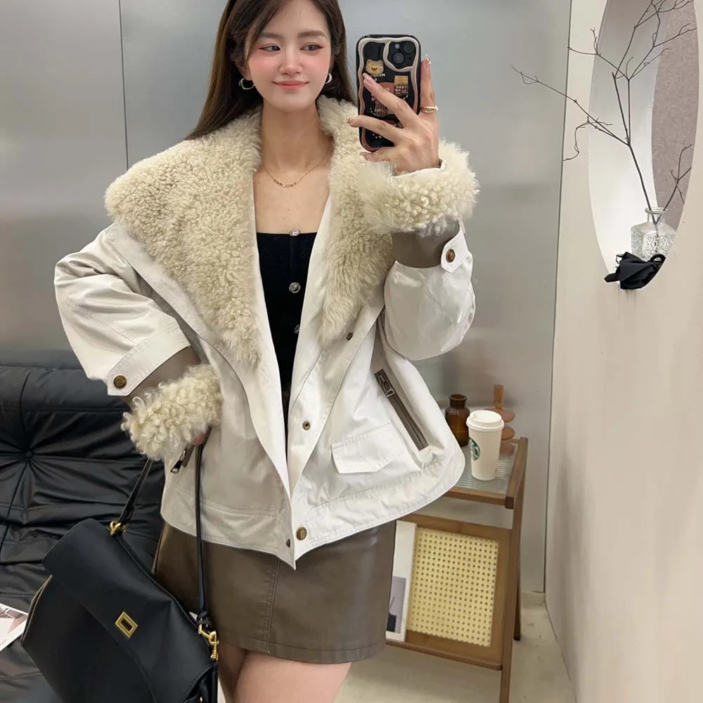 معاطف نسائية موضة خريف وشتاء 2025 سترة فضفاضة غير رسمية جديدة من صوف الضأن معطف سميك دافئ للسيدات من أوزة أسفل #3