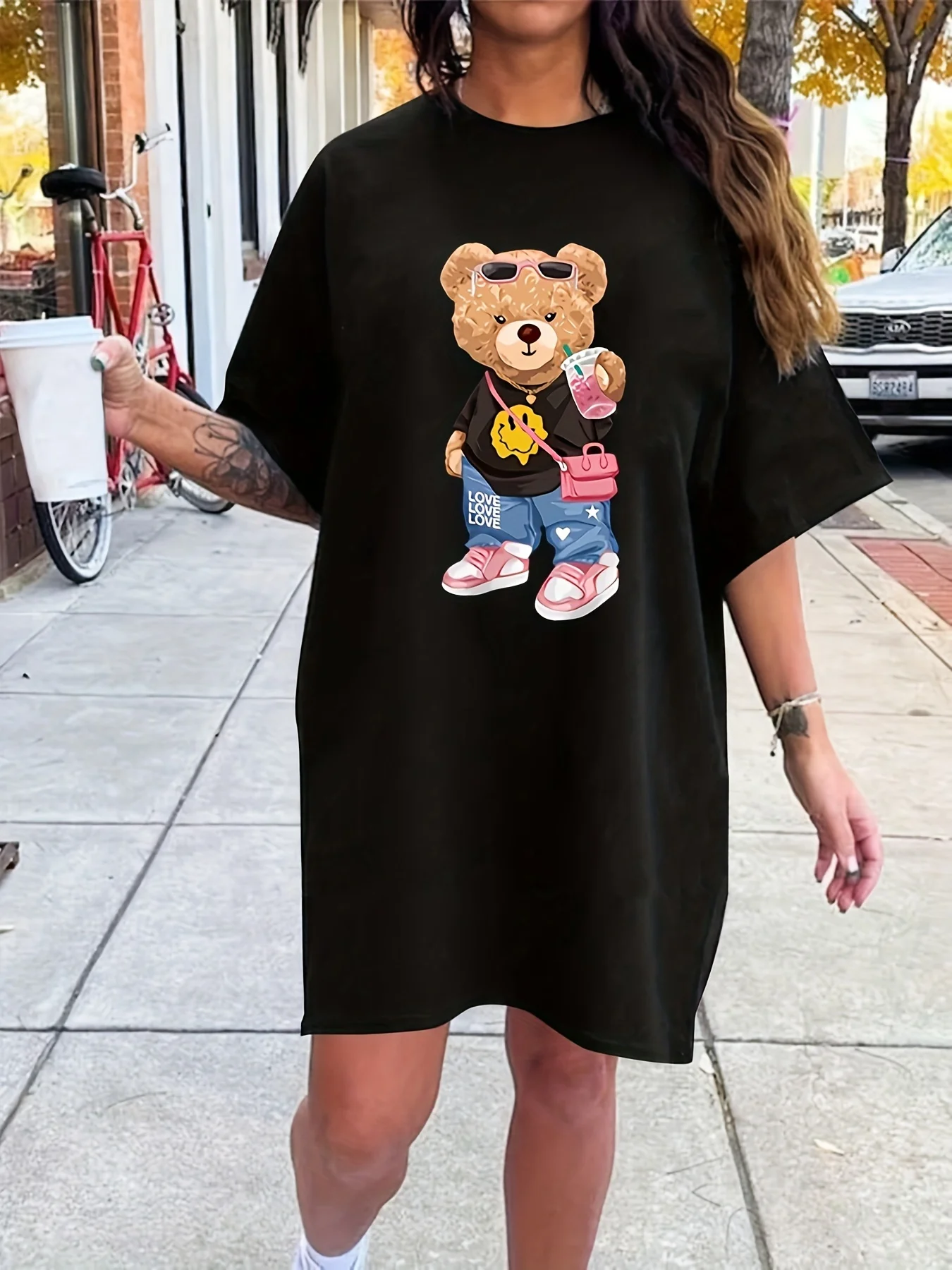 Women's long tshirt dress summer fashion girl pattern print oversized casual round neck short sleeved mini T-shirt dress