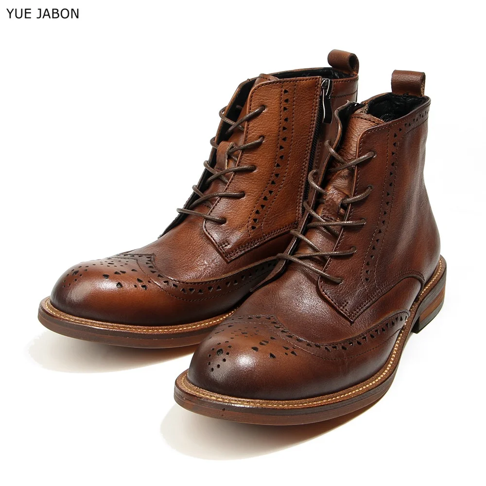 

British Retro Men's Brogue Chelsea Boots Genuine Leather Brown Carving Round Toe Square Heel Lace Up Casual High Top Ankle Boots