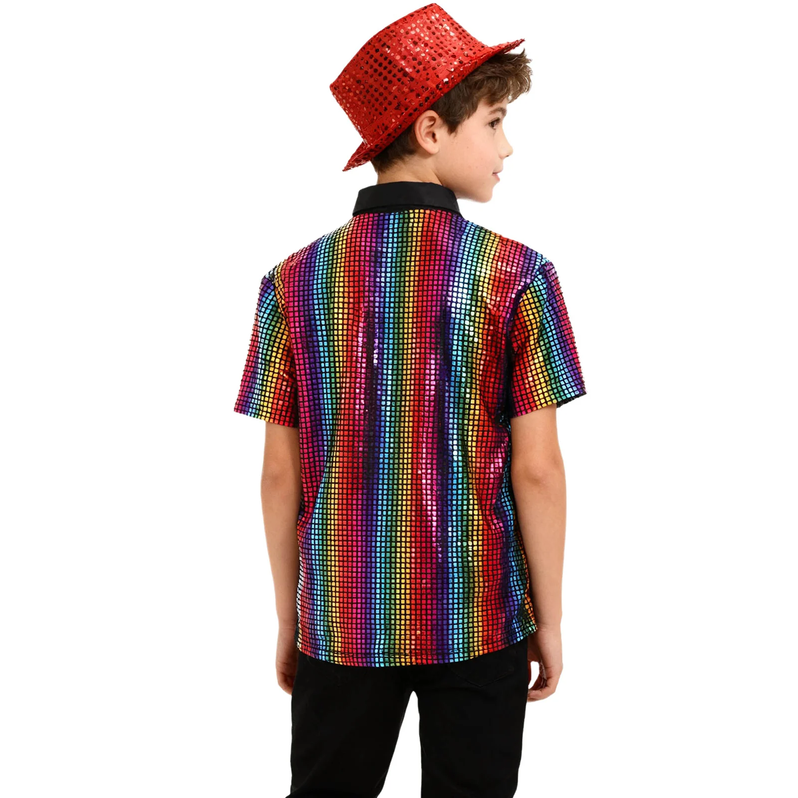 أطفال بنين بنات 70s 80s ديسكو زي الجاز الهيب هوب الرقص القمم لامعة التقزح اللوني الترتر تي شيرت وقبعة الشارع Dancewear