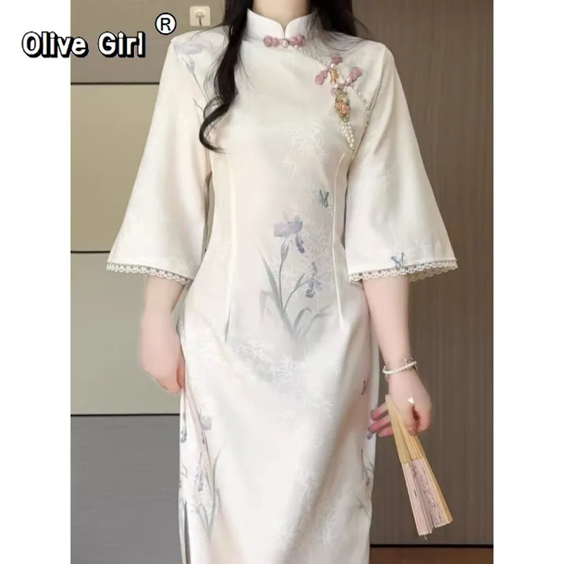 

Olivegirl Cheongsam Dress for Women Spring Autumn Jacquard Qipao High-end Vacation Fairy Dress Traditional Chinese Clothing