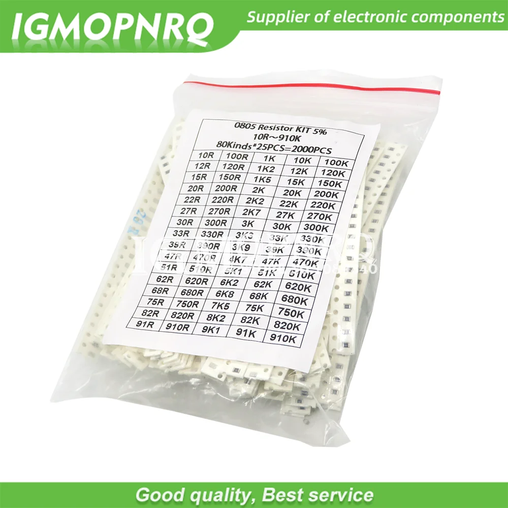 2000PCS/lot 0805 SMD Resistor Kit Assorted Kit 10ohm-1M ohm 5% 80valuesX 25PCS=2000PCS Sample Kit hjxrhgal