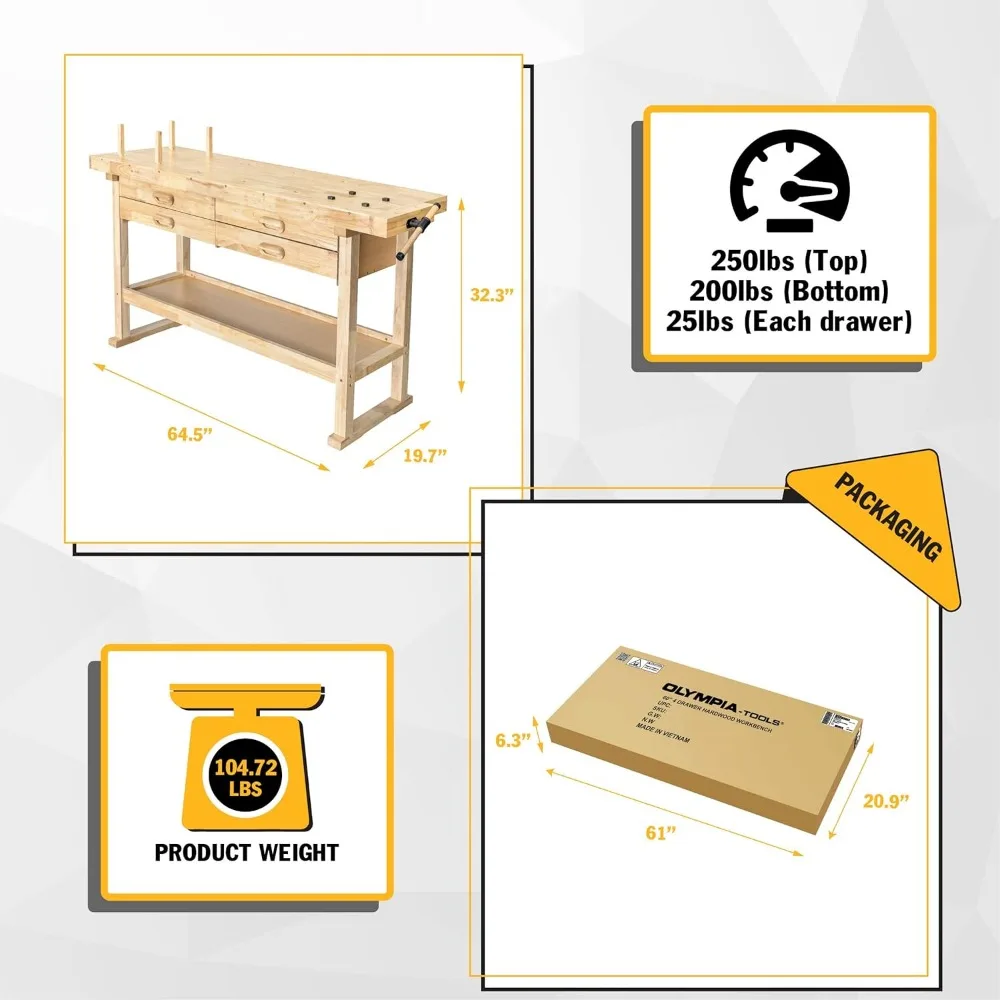 Imagem -04 - Olympia-bancada de Madeira com Gavetas Rubberwood Workbench Perfeito Perfeito Capacidade de Peso 60 450lbs