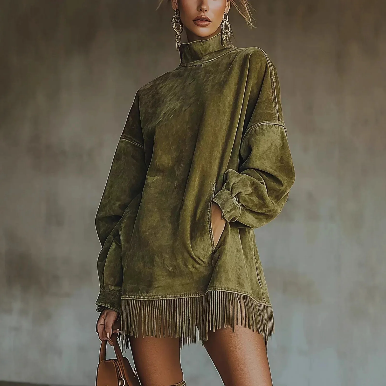 Women's 2026 Fall Winter Faux Suede Dress, High Neck Long Sleeve Loose  with Pockets & Tassel Hem, Retro Mini Dresses for