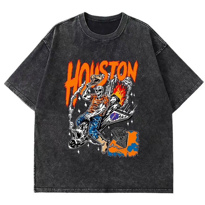 American Vintage T-Shirt Houston Rocket Skeletons Washed Worn Out T Shirts Men Women Casual 100% Cotton Oversized Tee Shirt Tops