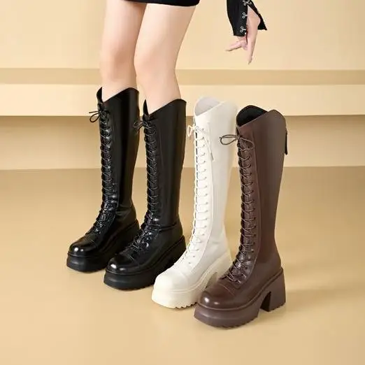 Women's High Boots Front Lacing High Tube Middle Follow Thick Sole Fashion Boots Solid Color Round Head Platform Shoes Commuting