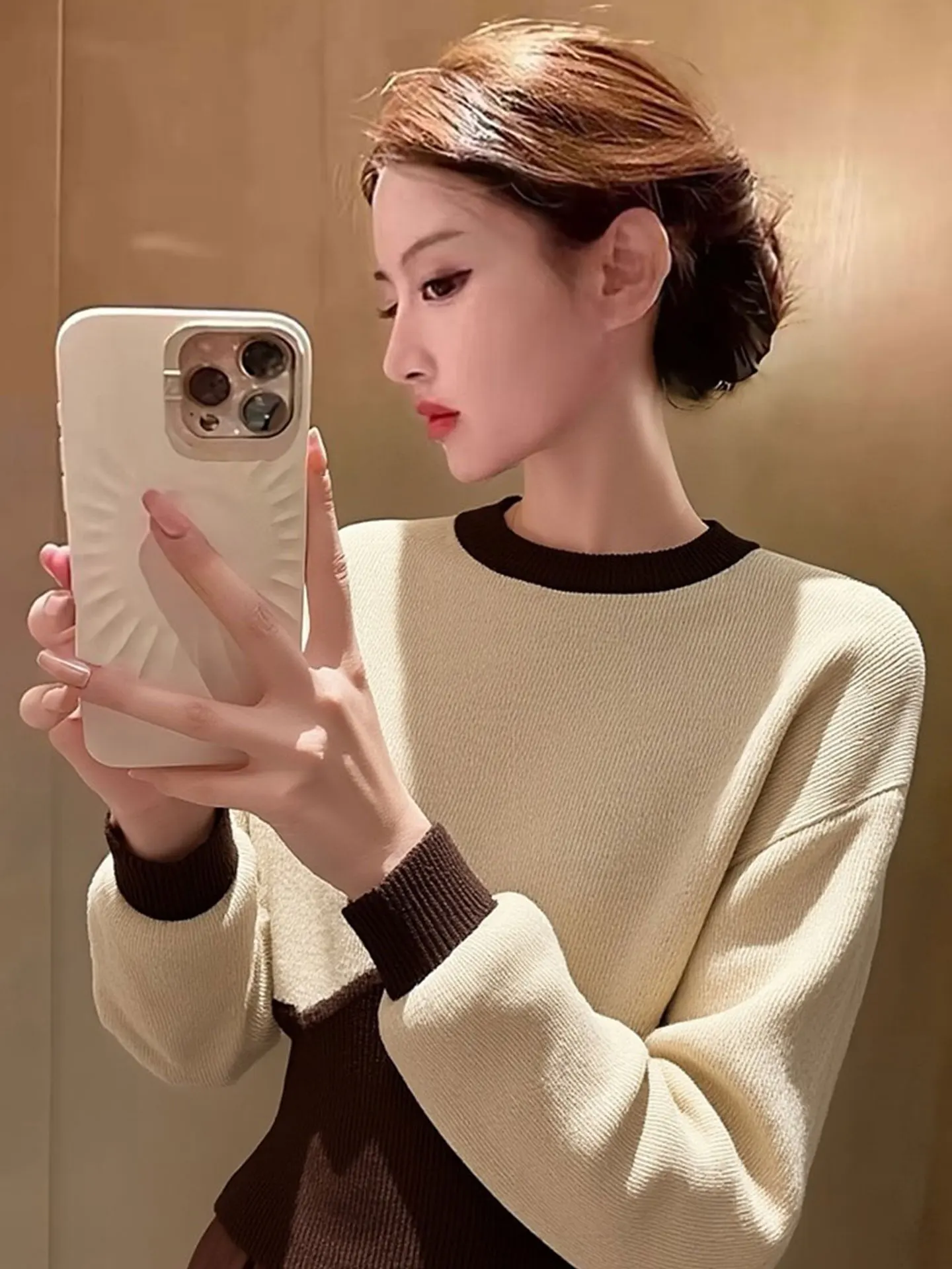 

Korean Sle round Ne Knitted Sweater Long Sve Color Blo Winter Faion Women's Casual Comfortable Warm Woolen Top