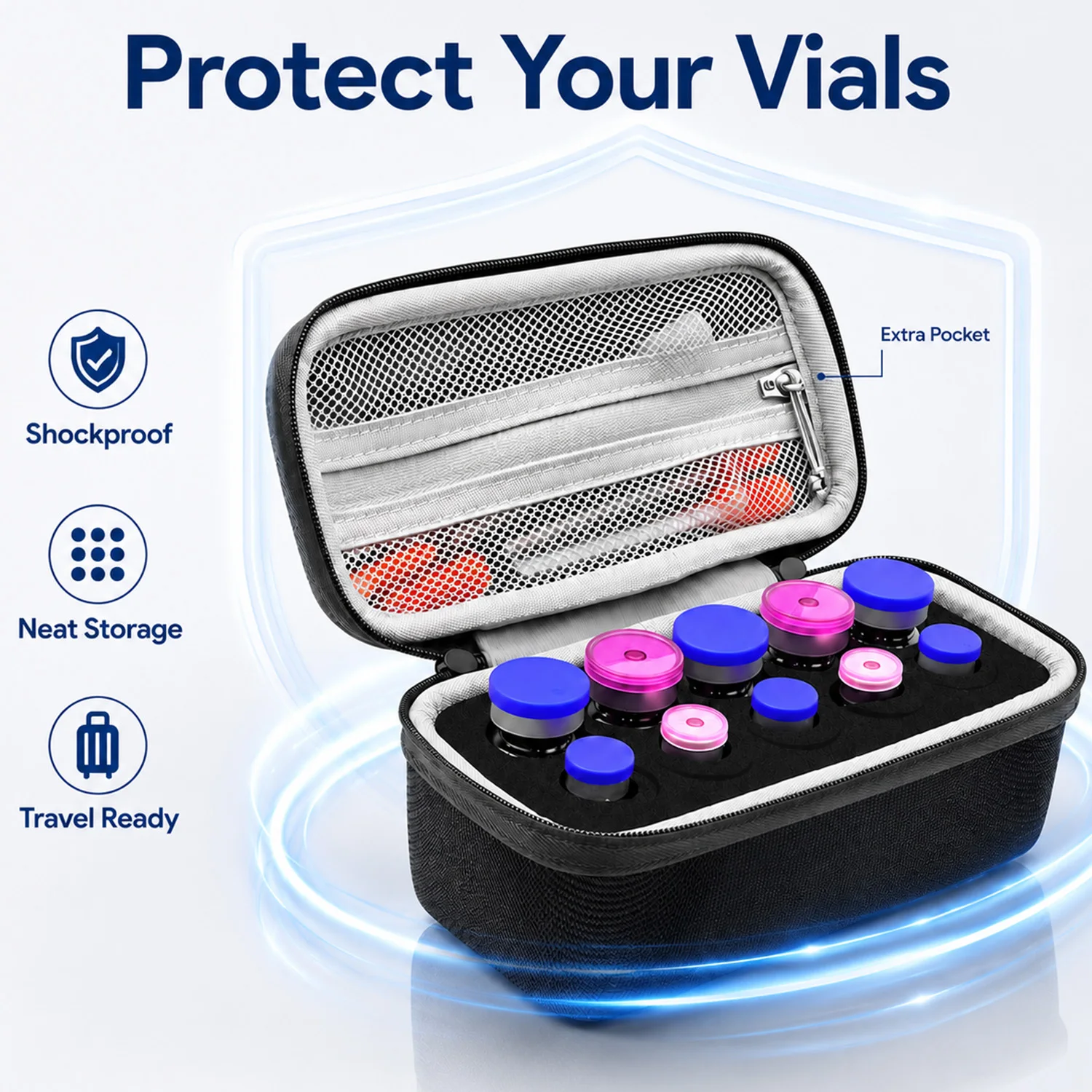 Hard Shell Peptides Case with Foam Insert,Insulin Vial Carrying Case for 1ml 3ml 5ml 10ml ,Portable Travel Bag