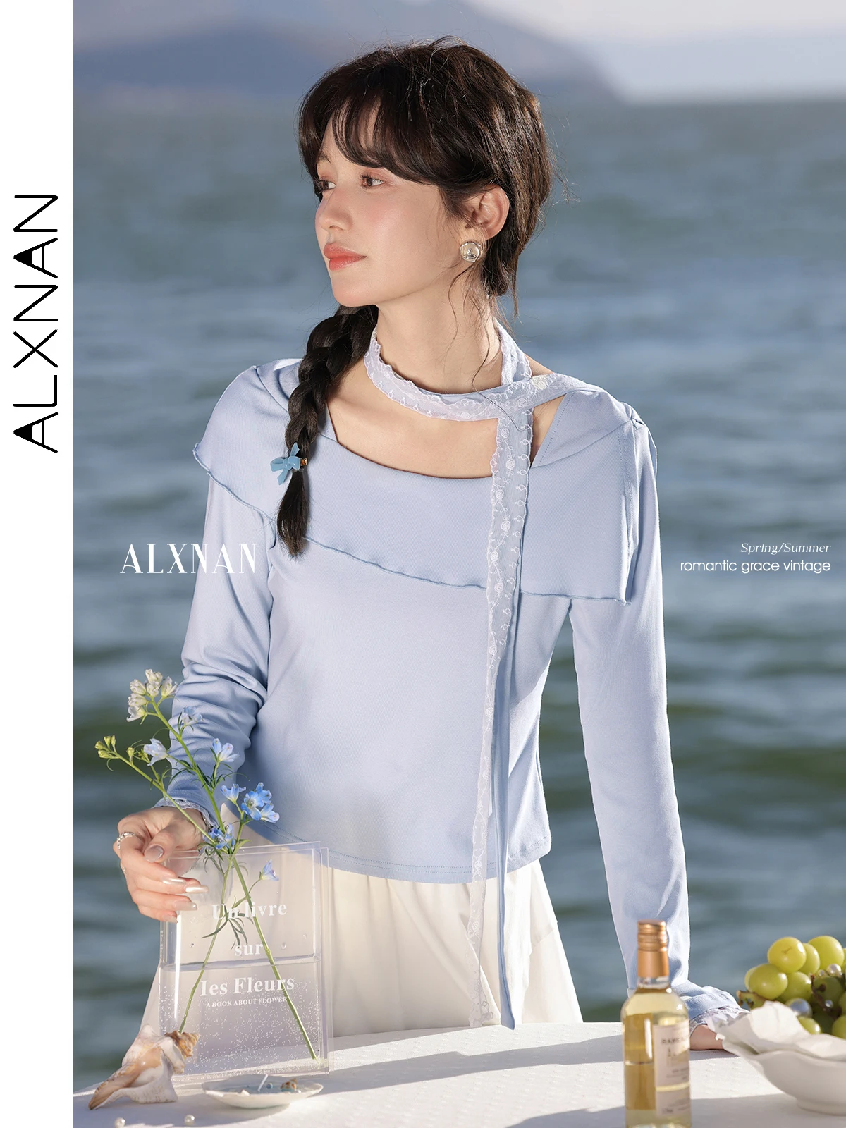 ALXNAN Casual Women's T-shirts Spring 2025 New Long Sleeve Shirt Square Collar Slim Temperament Elegant Designer Clothes L52863