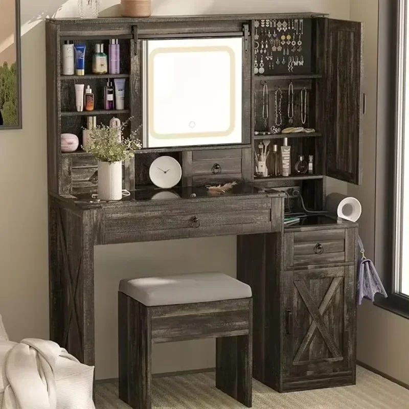[XMSJ]Black Vanity Desk with Mirror and Lights, LED Vanity with Power Outlet  Makeup Desk with 2 Drawers