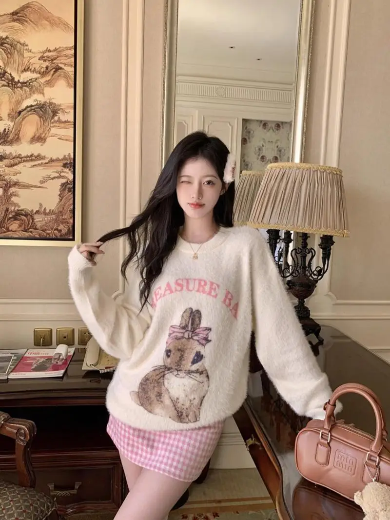 Sweet Bow Rabbit Print Oversized Sweatshirt for Girls Comfortable Women Thicken Winter Jumper Cute Cartoon Long Sleeve Pullover