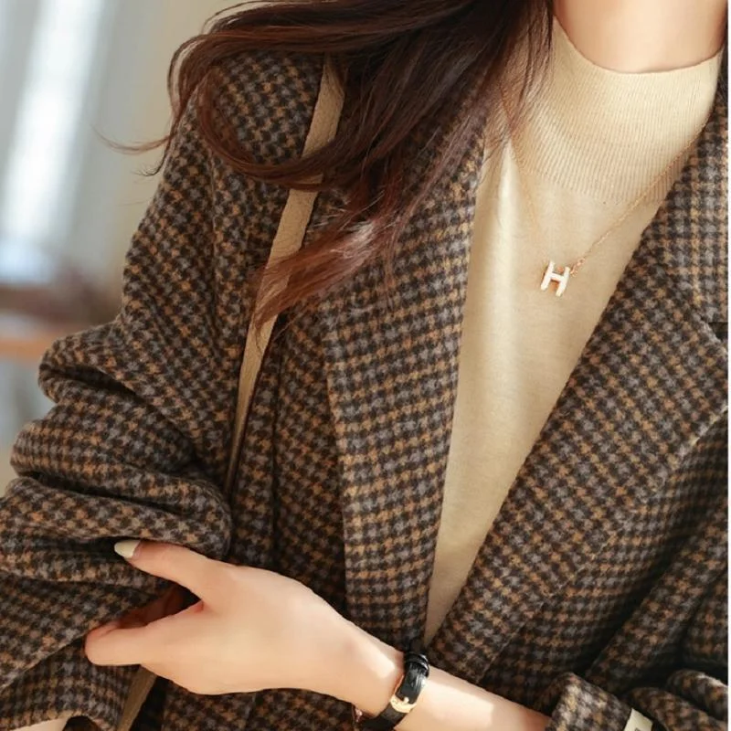 Women's Wool Suit Foreign Trade Original Single Italian Women's Clothing Export European Suit Collar Plaid Wool Coat Coat WR014