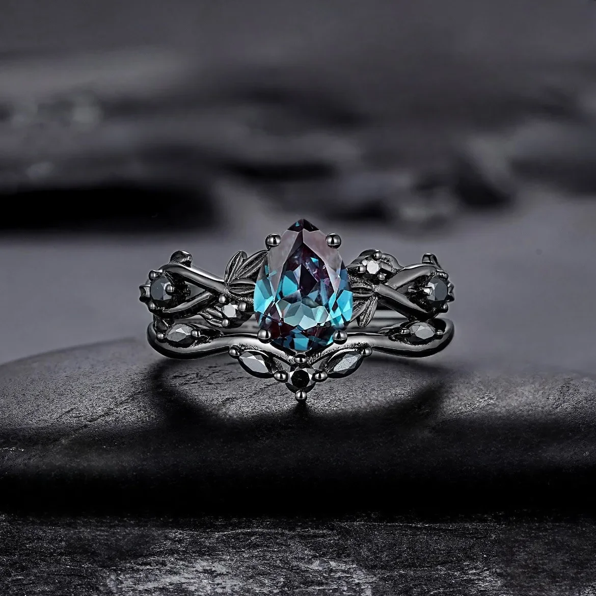 New fashion ring gun black inlaid sea blue zircon ring ins engagement jewelry women