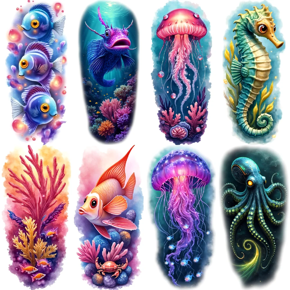 

12pcs Temporary Tattoo Fish Waterproof Long-lasting Body Stickers Octopus Squid Realistic Temporary Tattoos Coral For Adults
