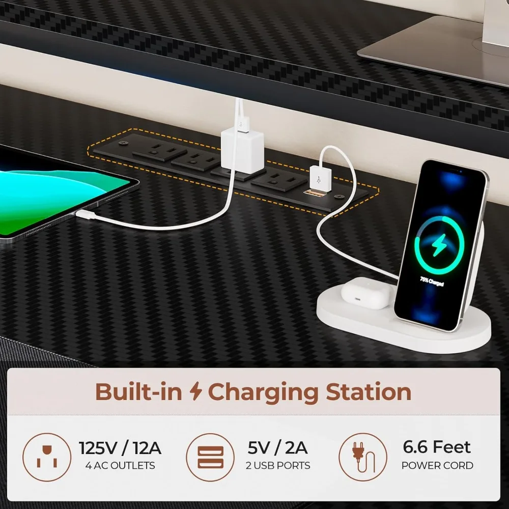 Gaming Desk with Hutch, 65in Reversible Computer Desk with Power Outlets LED Light, Home Office Desk with Monitor Stand 2 Drawer