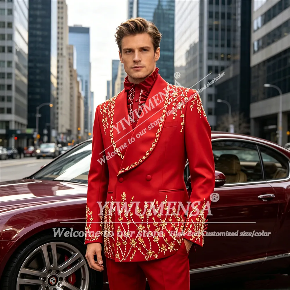 Exquisite Wedding Suit For Man Gold Beaded Stones Jacket Pants 2 Pieces Sets Groom Formal Wear Tuxedos Birthdays Party Outfits
