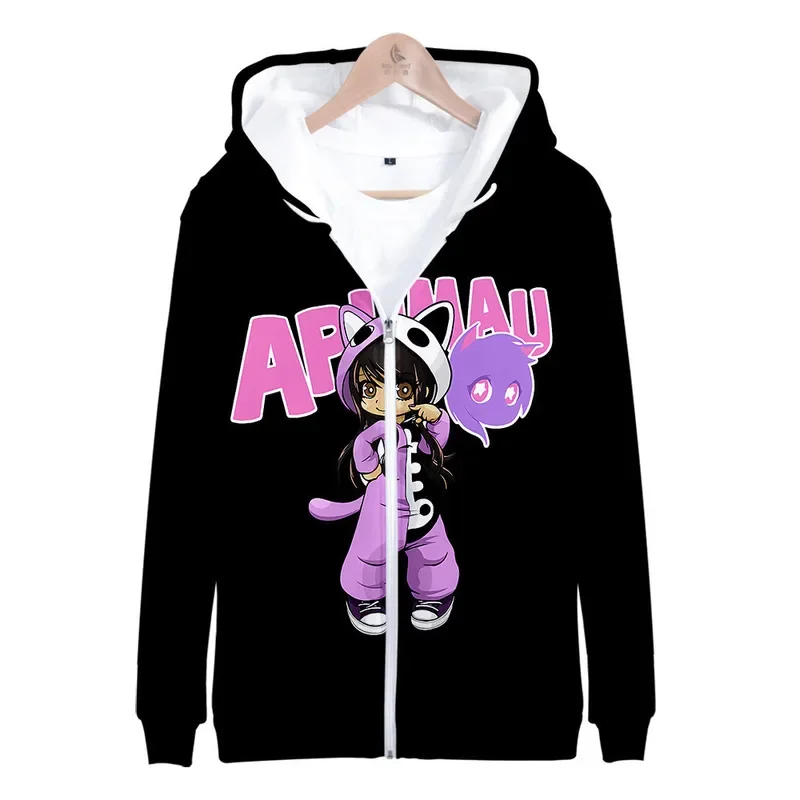 Aphmau merch เสื้อแจ็คเก็ตมีฮู้ดมีซิปสำหรับผู้หญิงและผู้ชายเสื้อแจ็กเก็ตพิมพ์ลาย3D สีม่วงและสีแดงเปลวไฟเสื้อเด็กน่ารัก