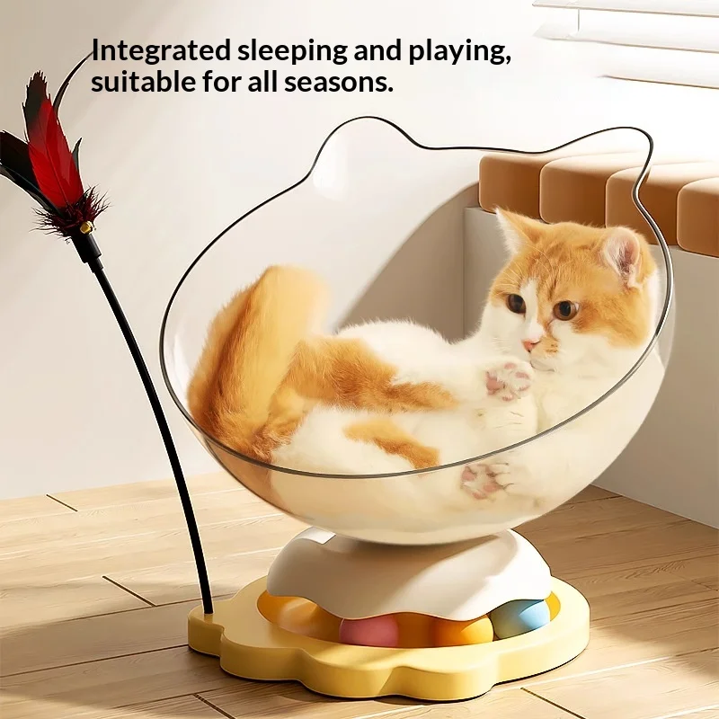 

Self-Play Cat Toy with Rotating Ball & Feather Wand, Space Capsule Cat Bed, Boredom Buster Energy Burning for Indoor Kittens