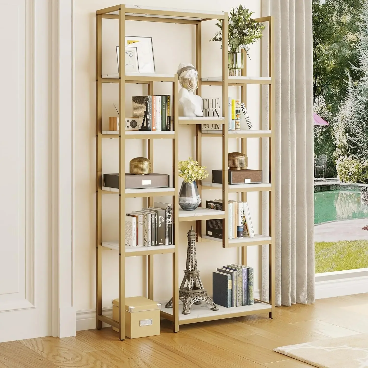 NEW 6 Tier Gold Bookshelf, 71” Tall Modern Free Standing Bookshelf with 12 Shelf Bookcase, Faux Marble Open Display Storage